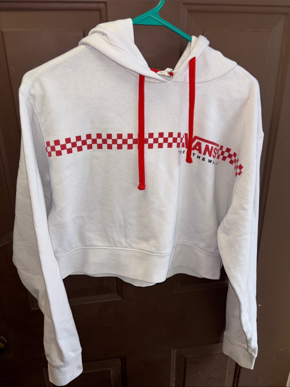 Vans White Cropped Hoodie with Red Checker Stripe and Drawstrings size small 4/6